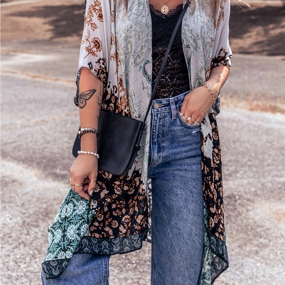 Green Boho Floral Print Irregular Hem Flowy Kimono - Picture 5 of 11
